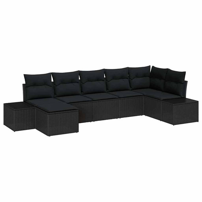 Havesofa Sæt med pude med opbevaring 7 pcs Sort polyrattan