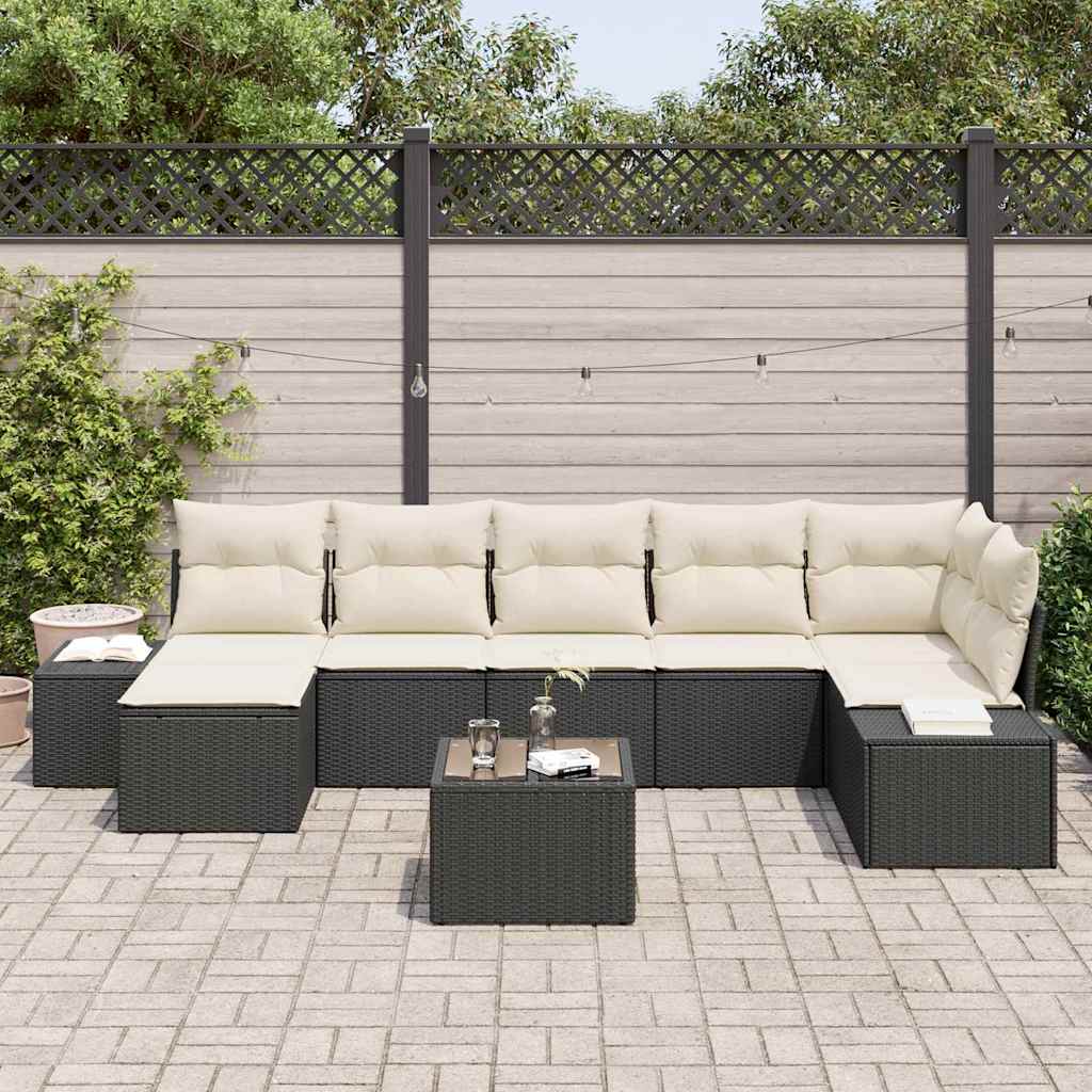 Havesofa Sæt med pude med opbevaring 7 pcs Sort polyrattan