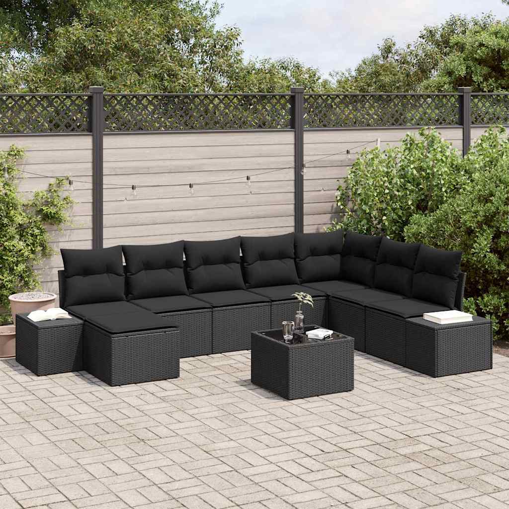 Havesofa Sæt med pude med opbevaring 8 pcs Sort polyrattan