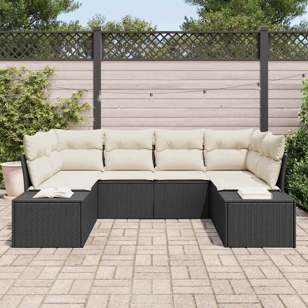 Havesofa Sæt med pude 6 pcs Sort og cremefarvet Poly rattan