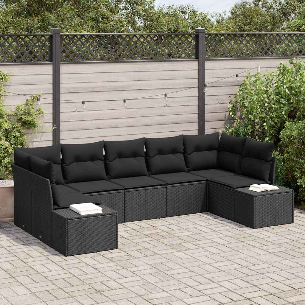 Havesofa Sæt med pude 7 pcs Sort Poly rattan