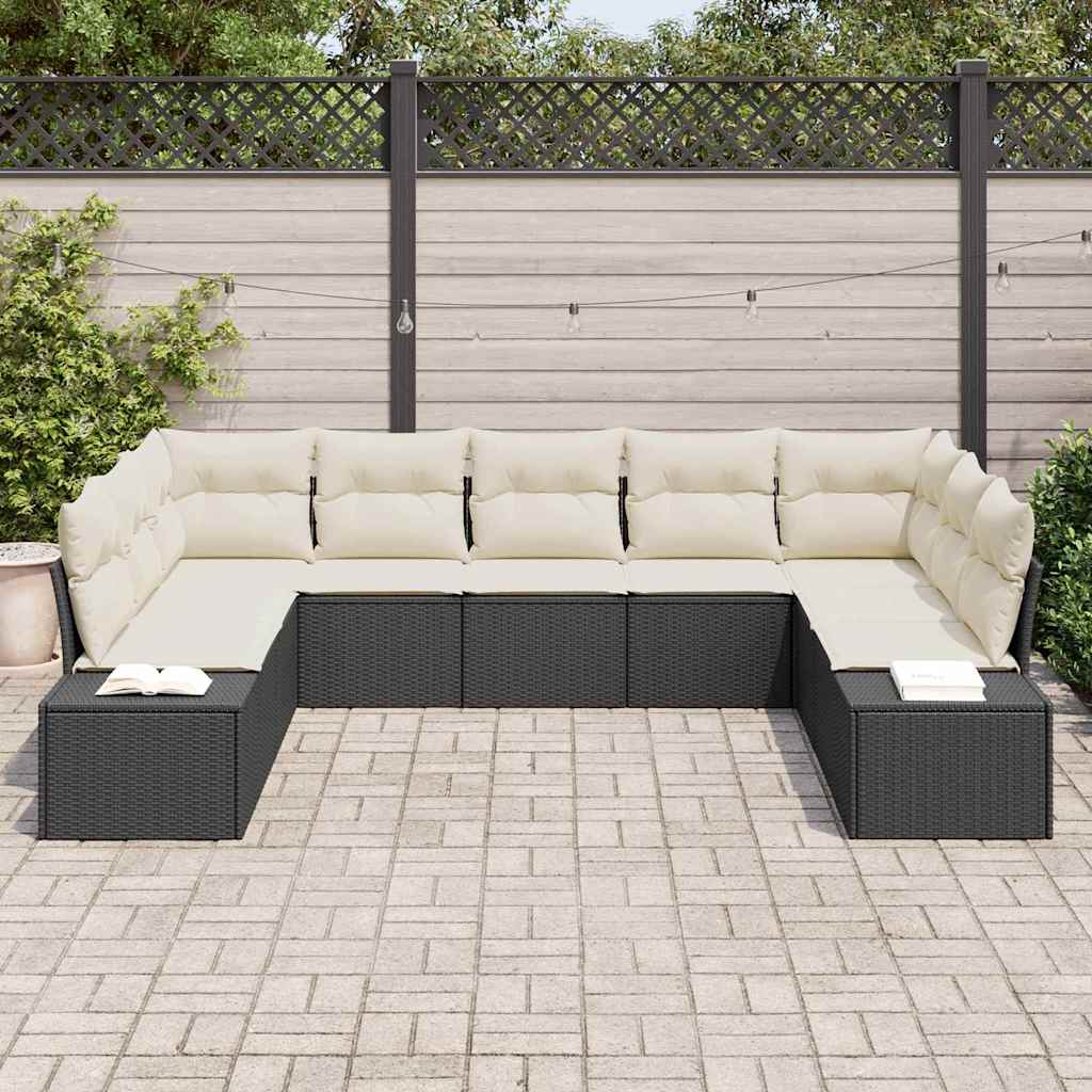 Havesofa Sæt med pude 9 pcs Sort og cremefarvet Poly Rattan
