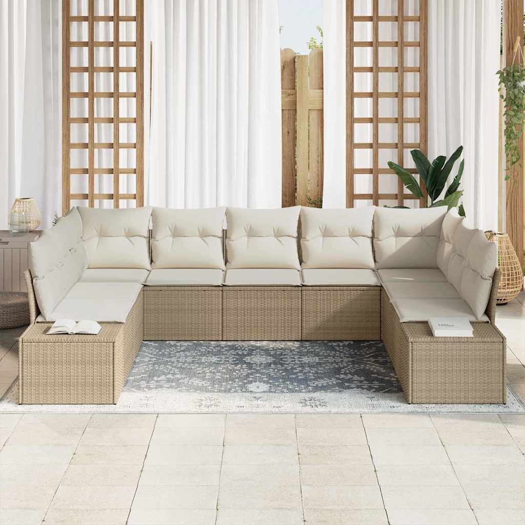 Havesofa Sæt med pude 9 pcs beige og cremefarvet Poly Rattan