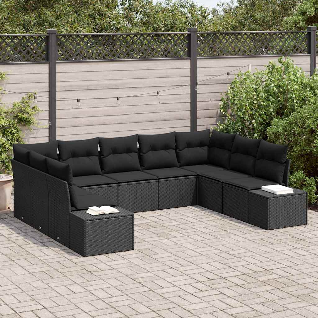 Havesofa Sæt med pude 9 pcs Sort Poly Rattan