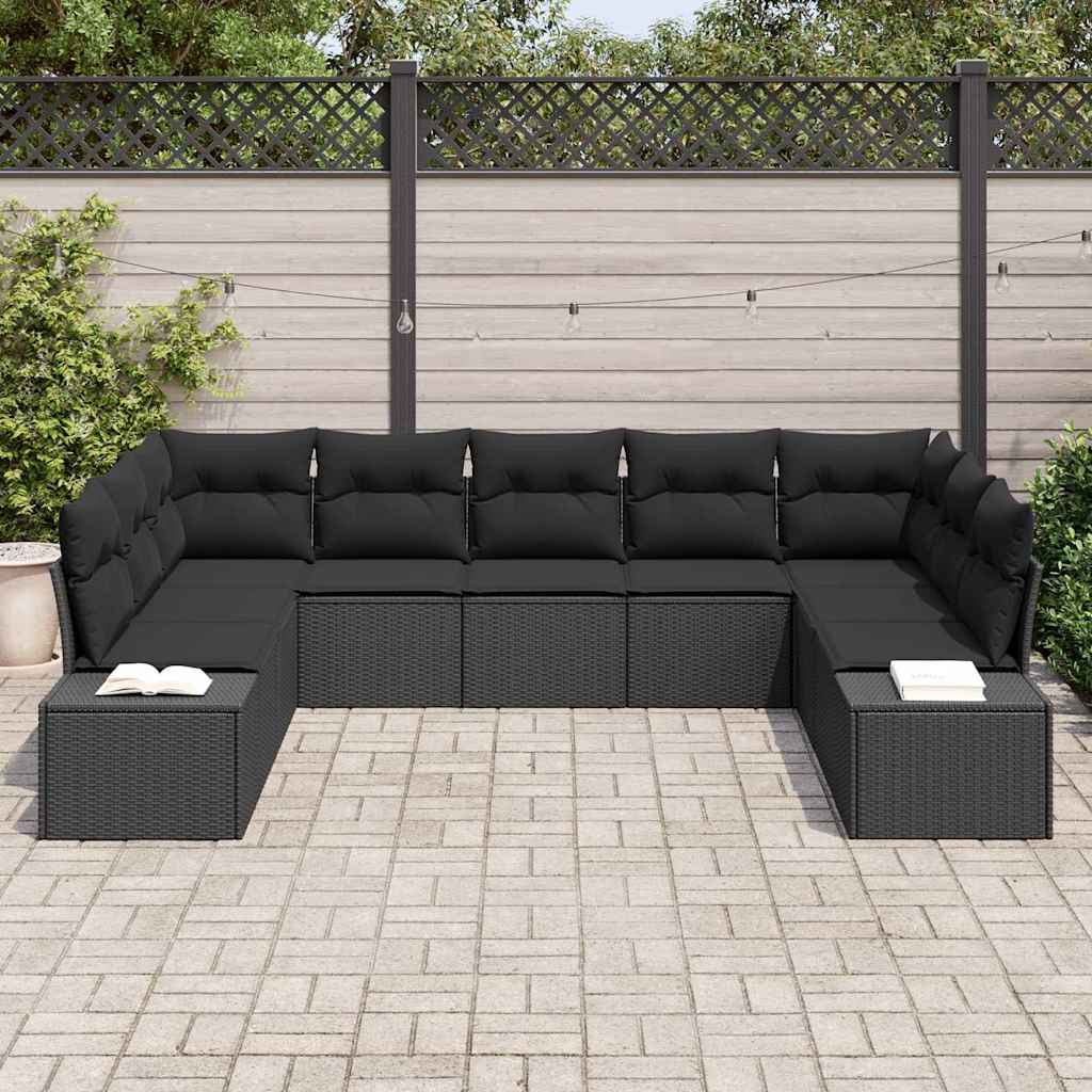 Havesofa Sæt med pude 9 pcs Sort Poly Rattan