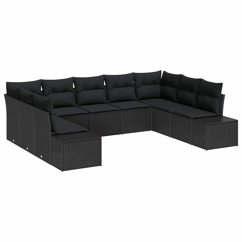 Havesofa Sæt med pude 9 pcs Sort Poly Rattan