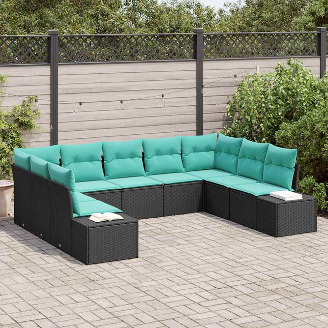 Havesofa Sæt 9 stk. 8-Antal sæder Sort og turkis Polyrattan