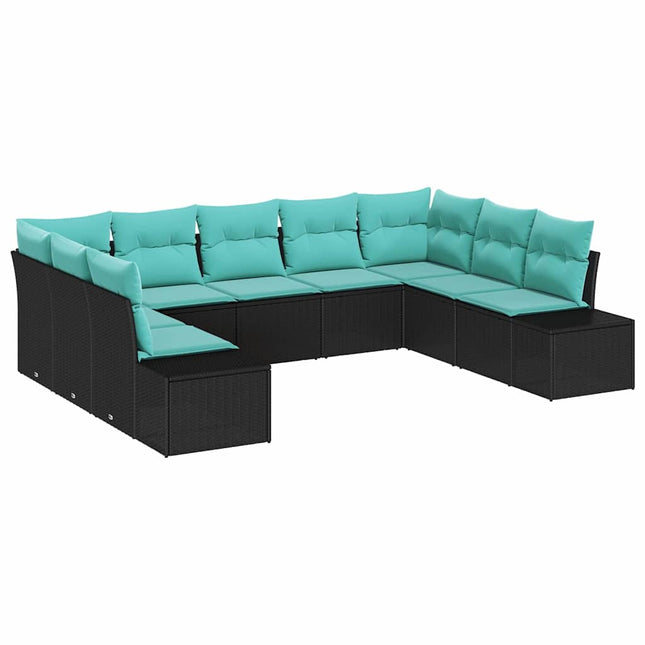 Havesofa Sæt 9 stk. 8-Antal sæder Sort og turkis Polyrattan