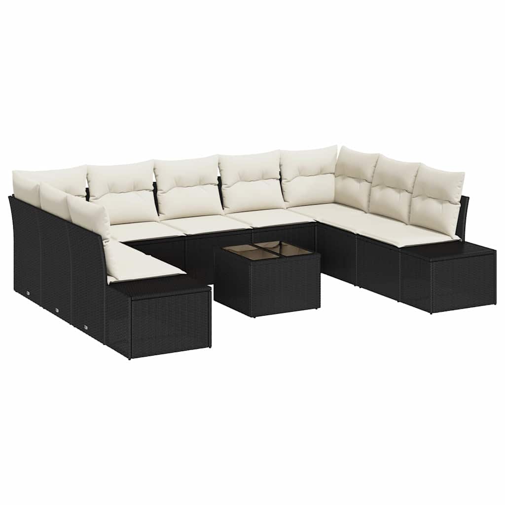 Havesofa Sæt med pude 10 pcs Sort og Cream Poly Rattan