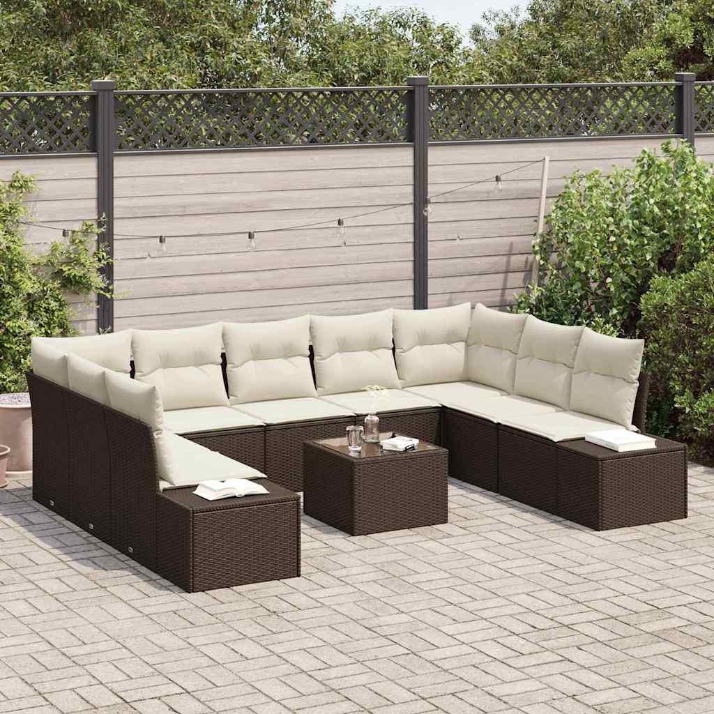 Havesofa Sæt med pude 10 pcs Brun og Creme Poly Rattan