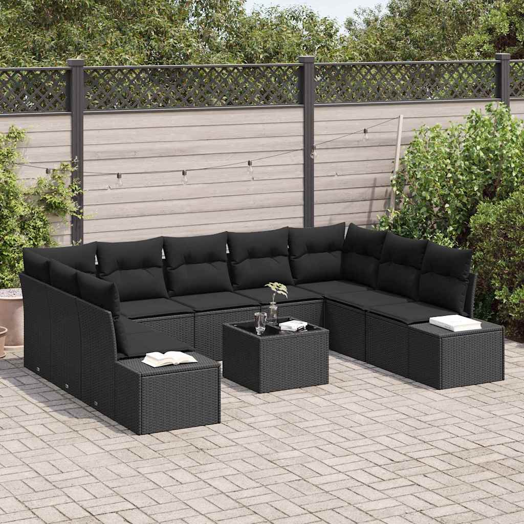 Havesofa Sæt med pude 10 pcs Sort Poly Rattan