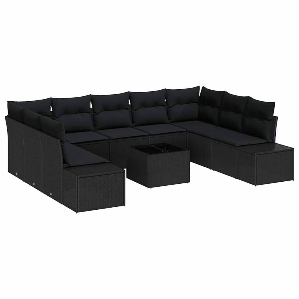 Havesofa Sæt med pude 10 pcs Sort Poly Rattan