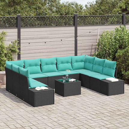 Havesofa Sæt 9 stk. 8-Antal sæder Sort og turkis Polyrattan