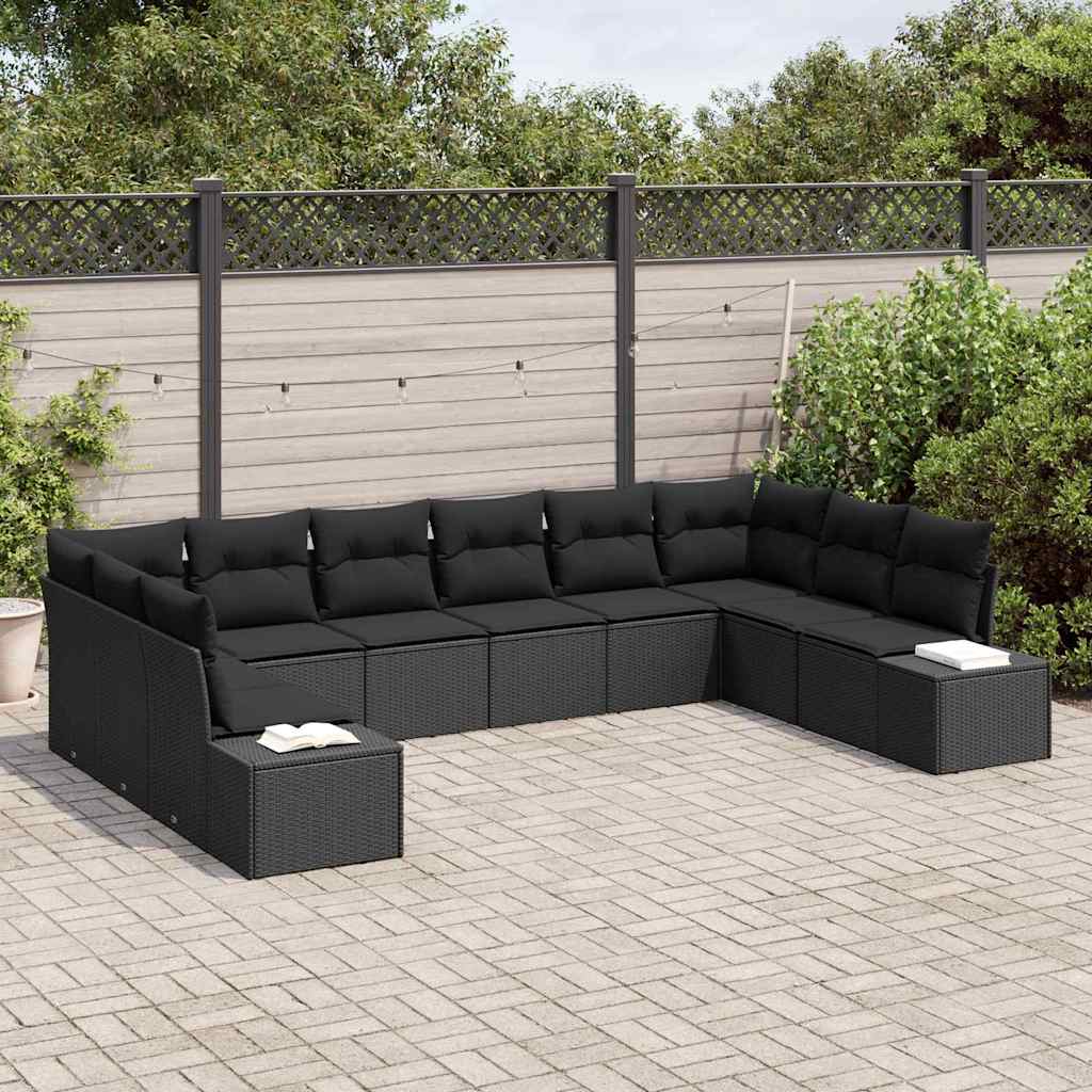 Havesofa Sæt med pude 10 pcs Sort Poly Rattan