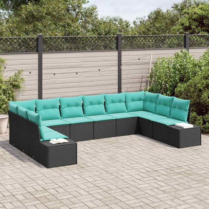 Havesofa Sæt 10 stk. 9-Antal sæder Sort og turkis Polyrattan