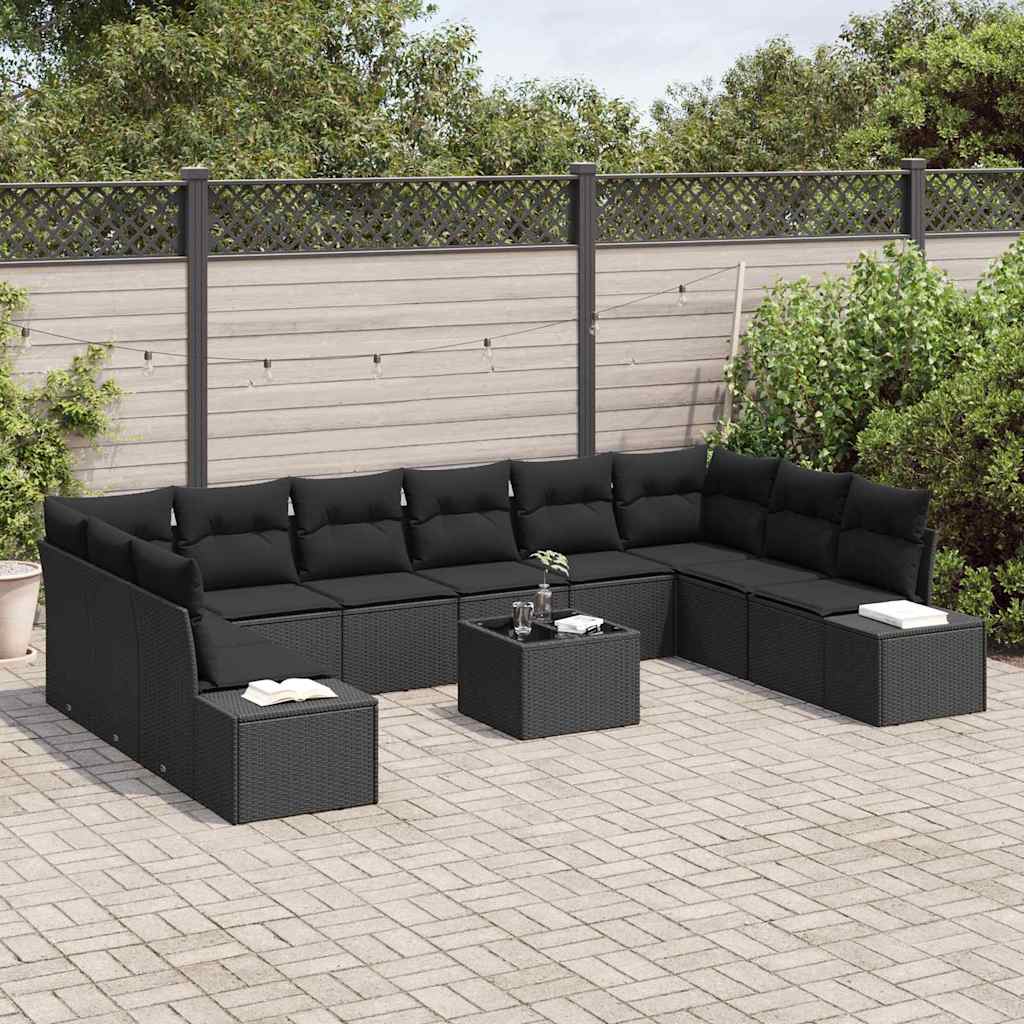 Havesofa Sæt med pude 11 pcs Sort Poly Rattan