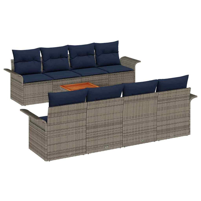 Havesofa Sæt med opbevaring 9 pcs Grå og Marineblå polyrattan