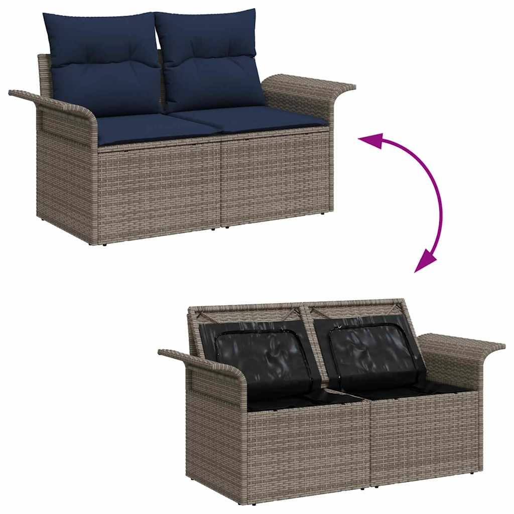 Havesofa Sæt med opbevaring 9 pcs Grå og Marineblå polyrattan