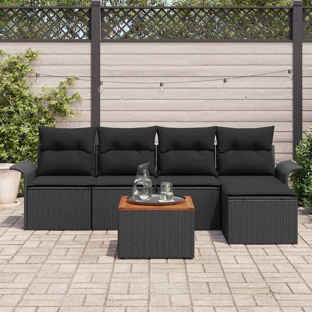 Havesofa Sæt 6 pcs Sort Polyrattan, stål og massivt akacietræ