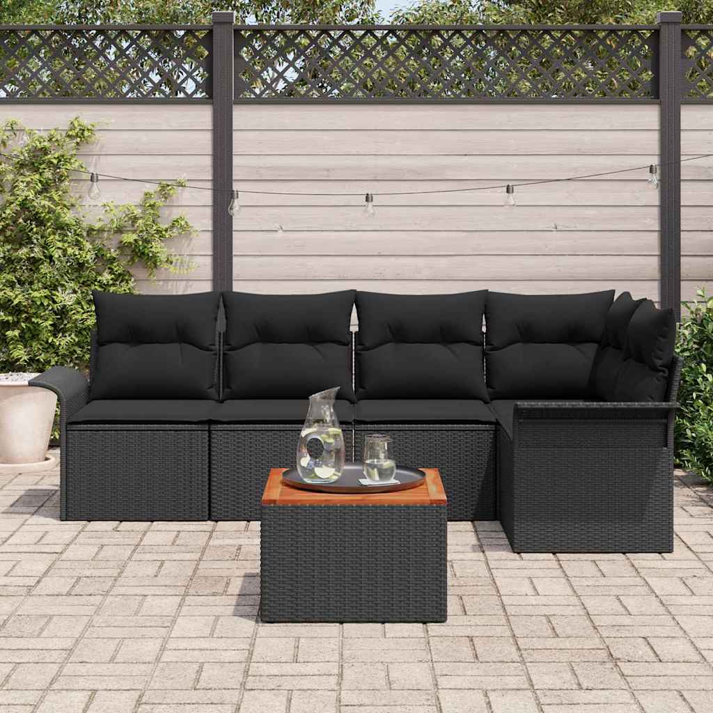 Havesofa Sæt 6 pcs Sort Polyrattan, stål og massivt akacietræ