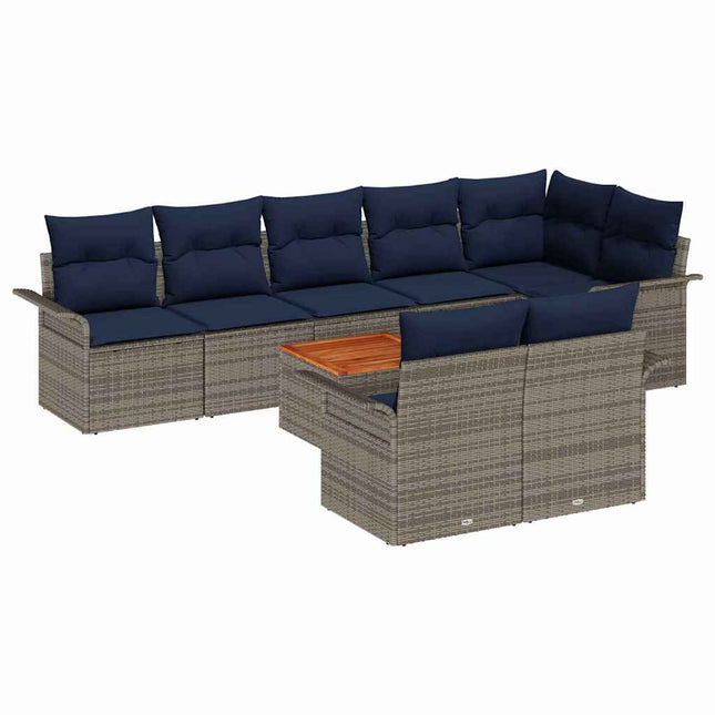 Havesofa Sæt med opbevaring 9 pcs Grå og Marineblå polyrattan