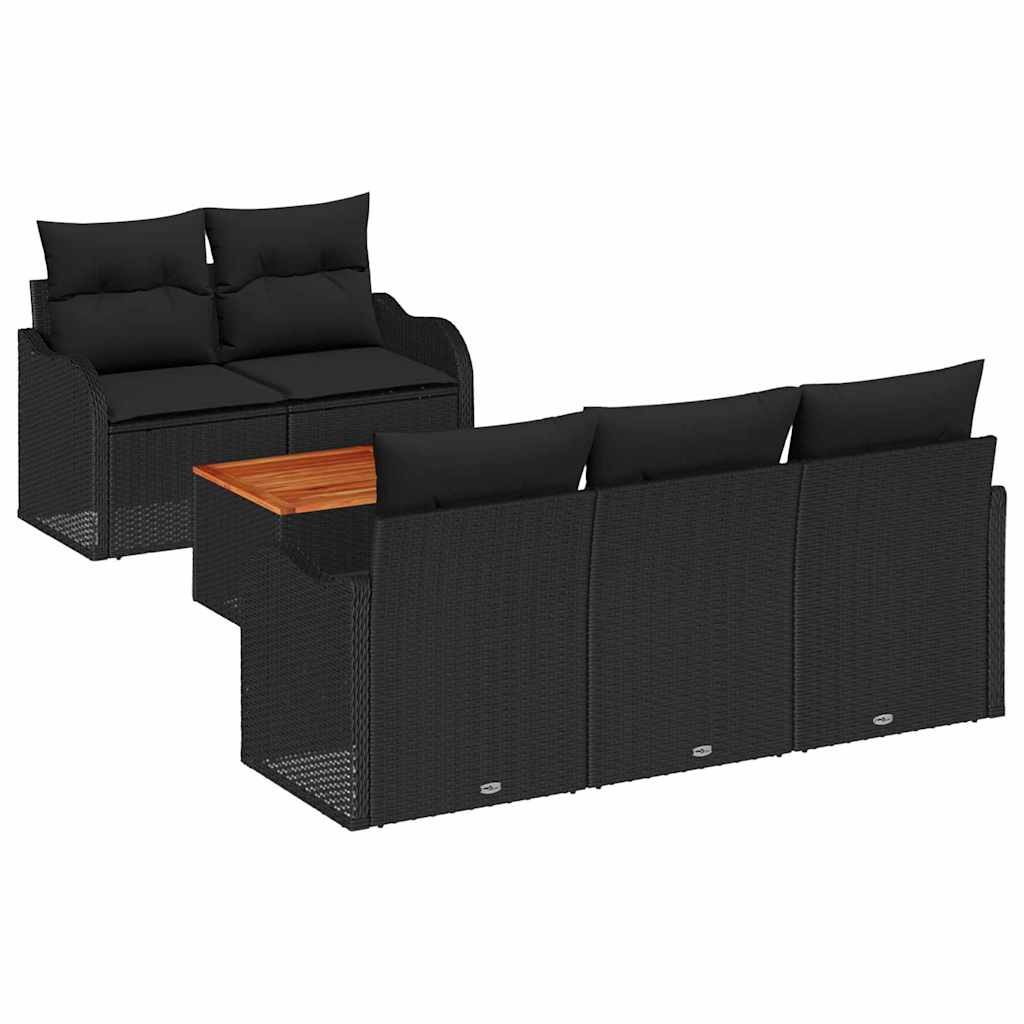 Havesofa Sæt 6 pcs Sort Polyrattan, stål og massivt akacietræ