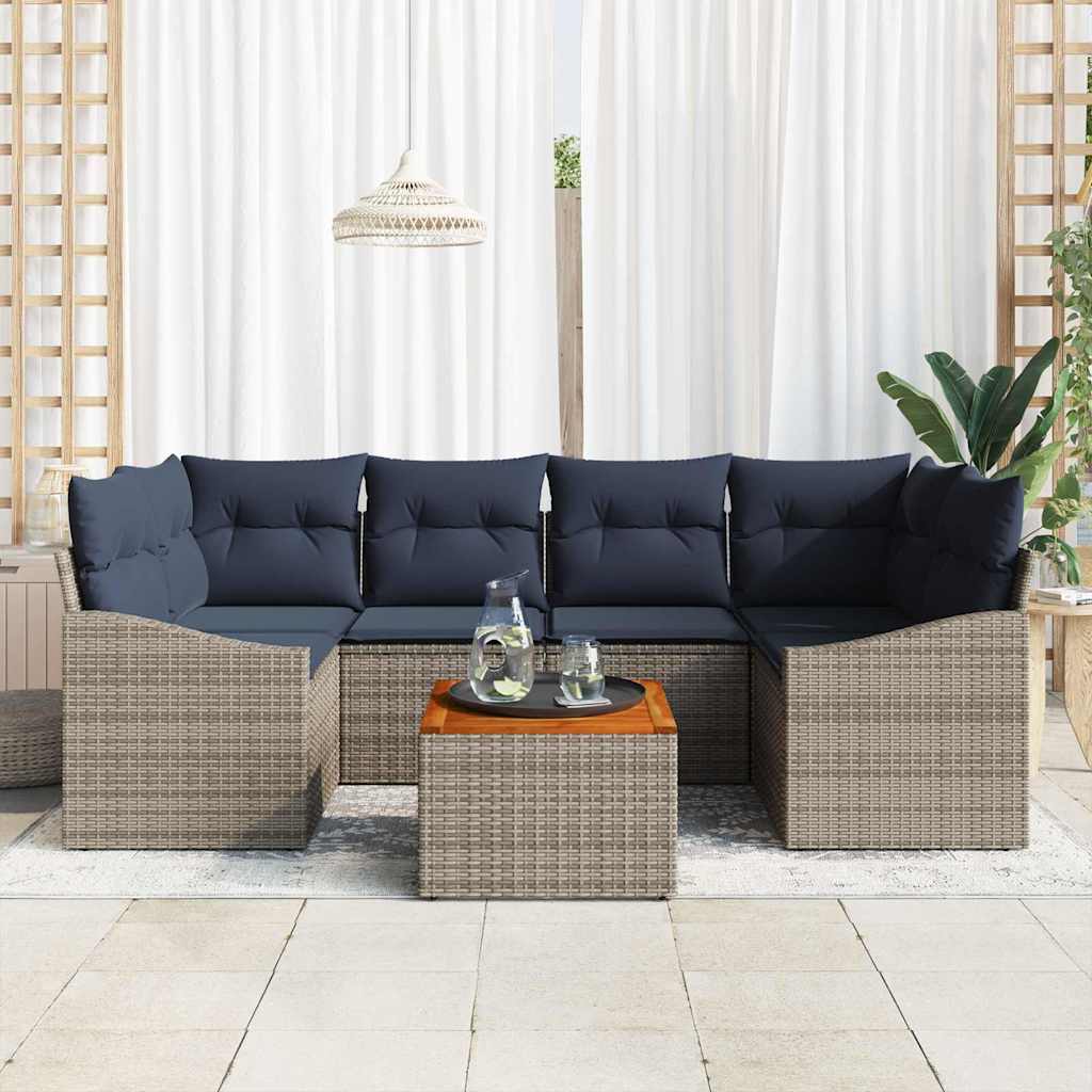 Havesofa Sæt med opbevaring 7 pcs Grå og Marineblå polyrattan