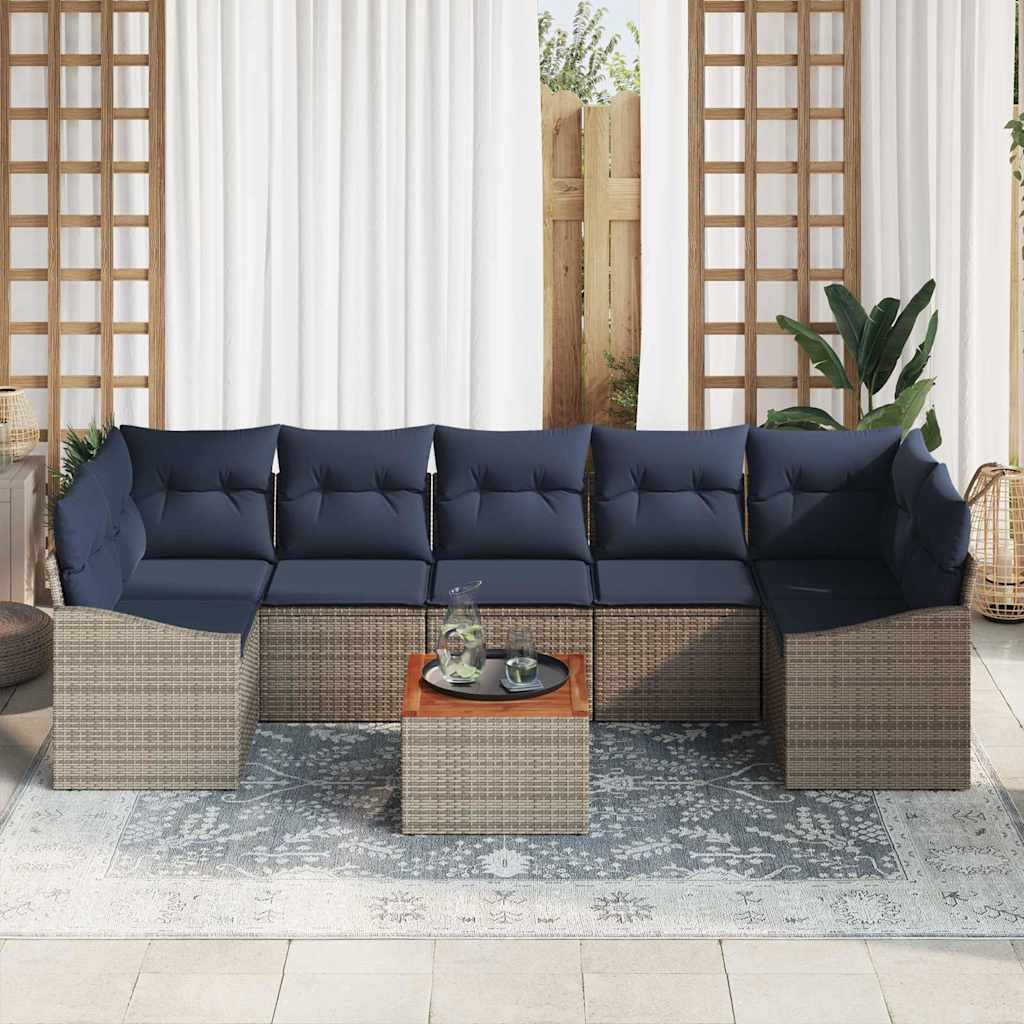 Havesofa Sæt med opbevaring 8 pcs Grå og Marineblå polyrattan
