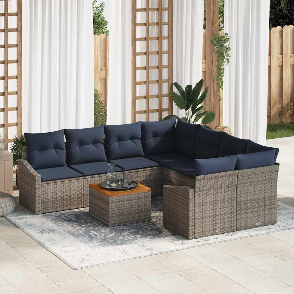 Havesofa Sæt med opbevaring 9 pcs Grå og Marineblå polyrattan