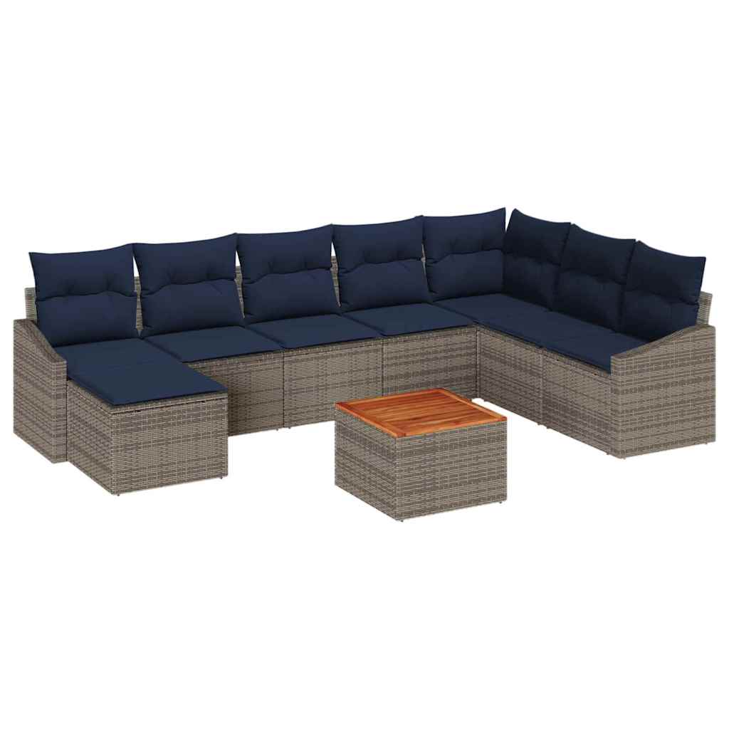Havesofa Sæt med opbevaring 9 pcs Grå og Marineblå polyrattan