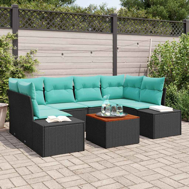 Havesofa Sæt 7 stk. Sort og turkis polyrattan