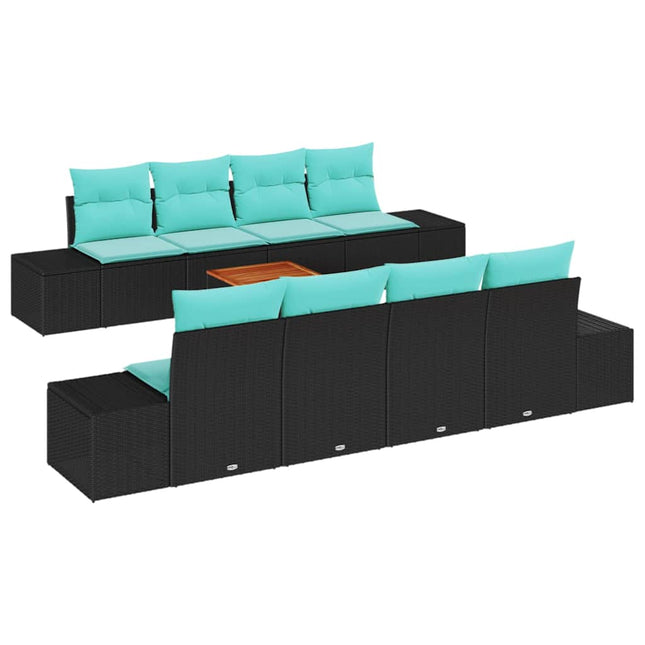 Havesofa Sæt 9 stk. Sort og turkis polyrattan