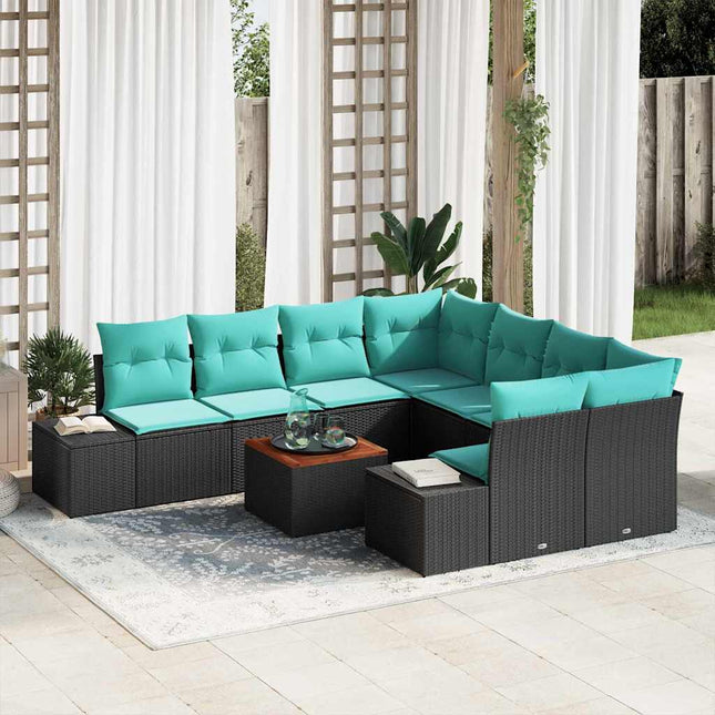 Havesofa Sæt 9 stk. Sort og turkis polyrattan