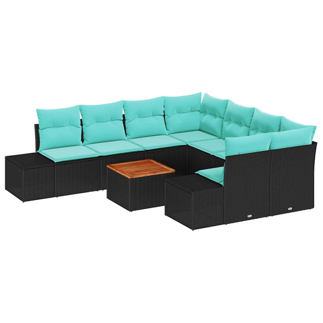 Havesofa Sæt 9 stk. Sort og turkis polyrattan