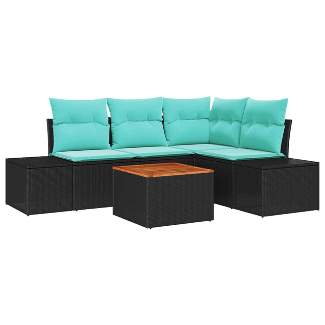 Havesofa Sæt 5 stk. Sort og turkis polyrattan