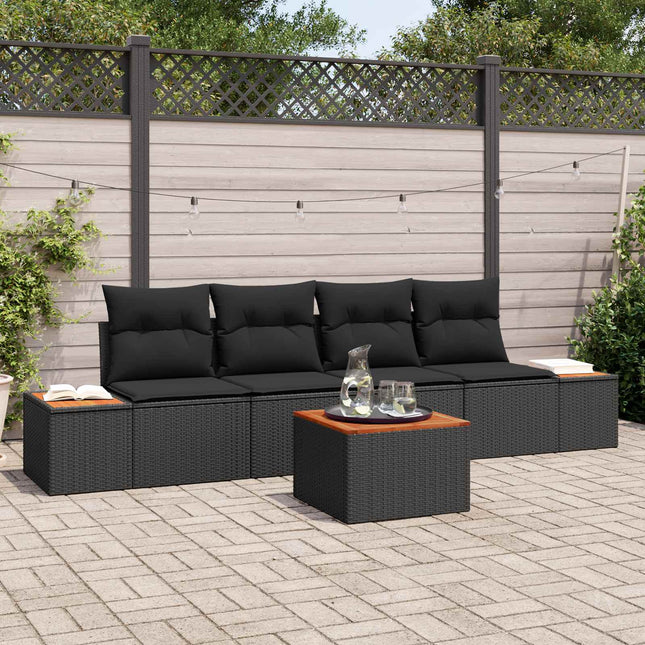Havesofa Sæt med pude med opbevaring 5 pcs Sort Poly rattan