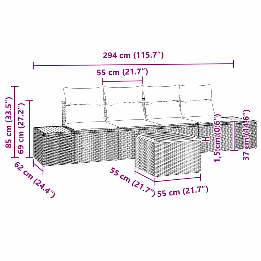 Havesofa Sæt med pude med opbevaring 5 pcs Beige Poly rattan