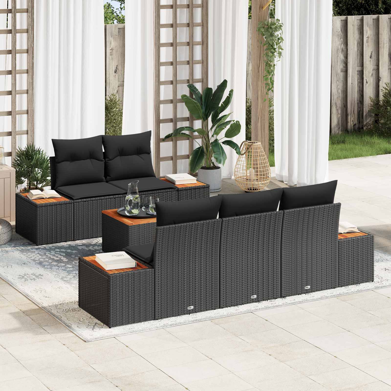 Havesofa Sæt med opbevaring 6 pcs Sort Poly rattan