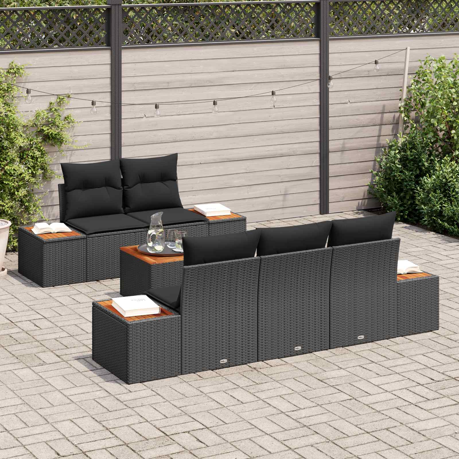 Havesofa Sæt med opbevaring 6 pcs Sort Poly rattan