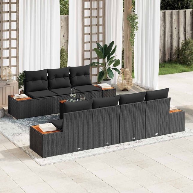Havesofa Sæt med pude med opbevaring 8 pcs Sort Poly rattan
