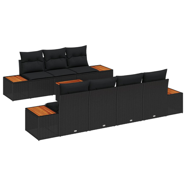 Havesofa Sæt med pude med opbevaring 8 pcs Sort Poly rattan