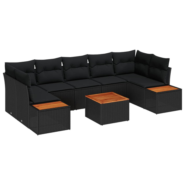 Havesofa Sæt med pude med opbevaring 8 pcs Sort Poly rattan