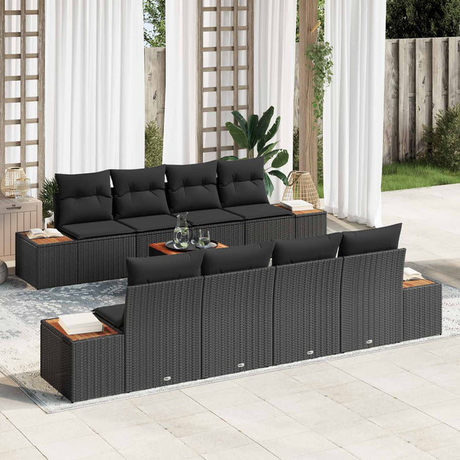 Havesofa Sæt med pude med opbevaring 9 pcs Sort Poly rattan