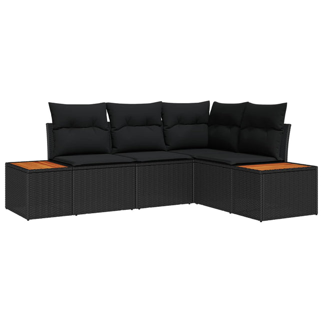 Havesofa Sæt med pude med opbevaring 4 pcs Sort Polyrattan