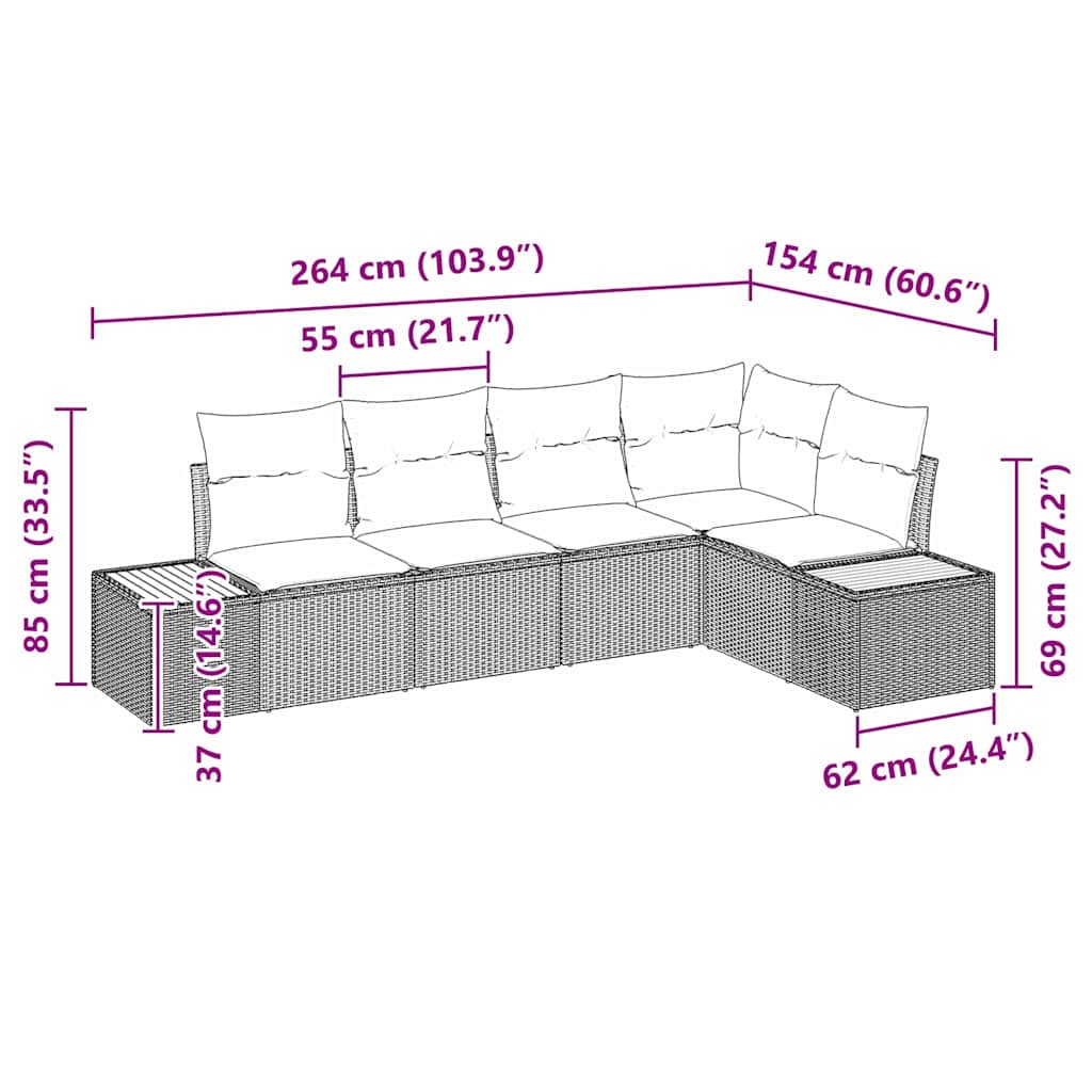 Havesofa Sæt med pude med opbevaring 5 pcs Grå Poly rattan