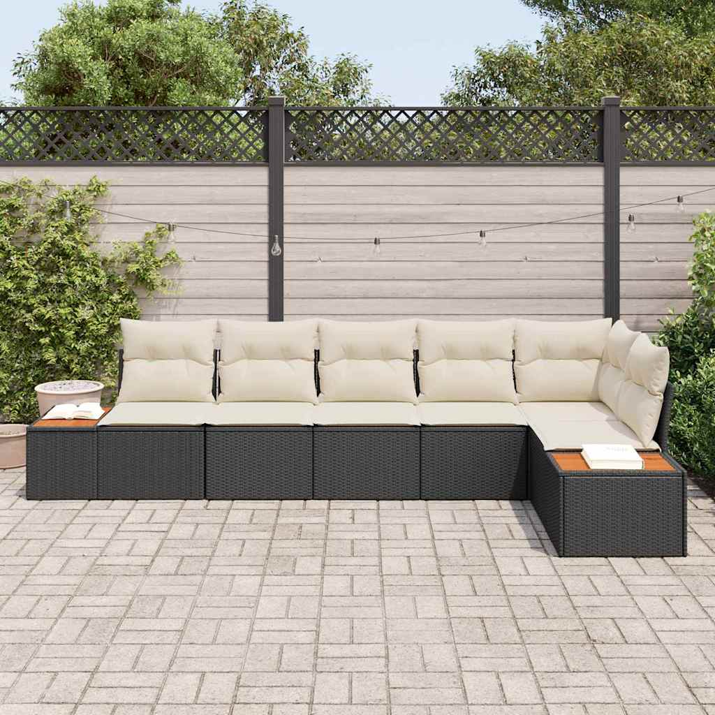 Havesofa Sæt med pude 6 pcs Sort og cremefarvet Poly rattan