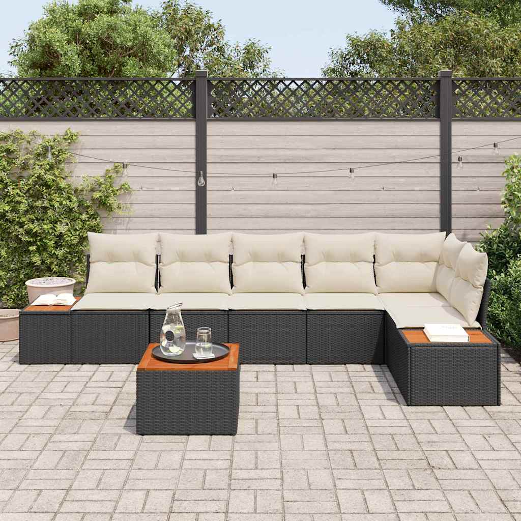 Havesofa Sæt med pude 7 pcs Sort og cremefarvet Poly rattan