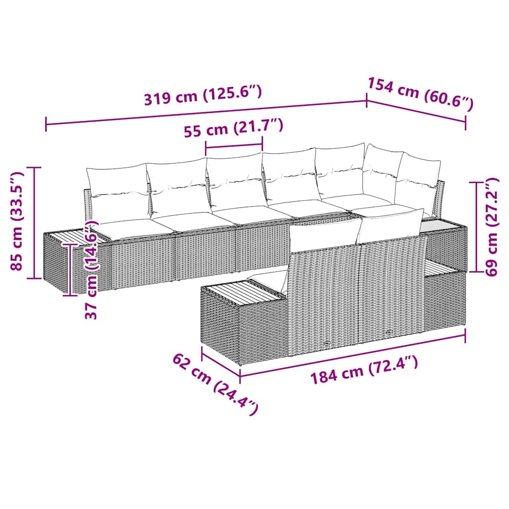 Havesofa Sæt med pude 8 pcs Sort og Cream Polyrattan
