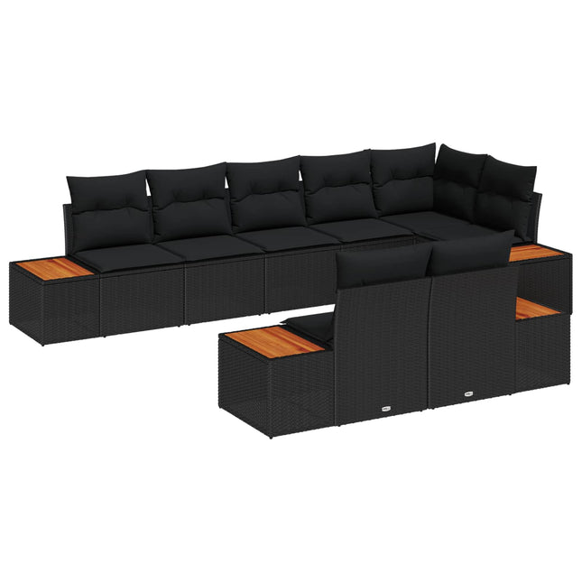 Havesofa Sæt med pude med opbevaring 8 pcs Sort Polyrattan