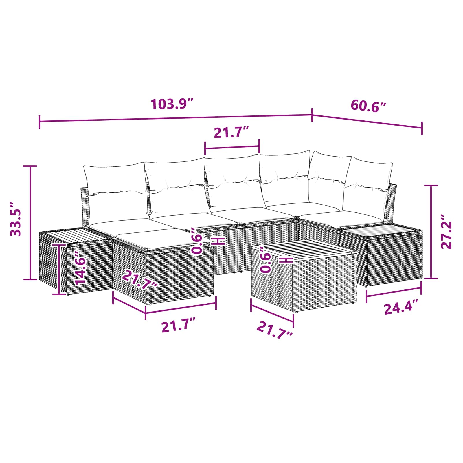 Havesofa Sæt med pude med opbevaring 7 pcs Sort Polyrattan